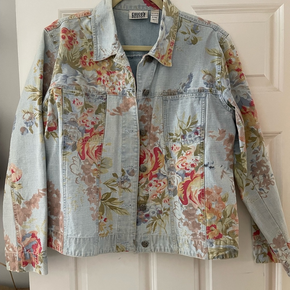 Chico's Blue and Red Jean Jacket with Floral Print